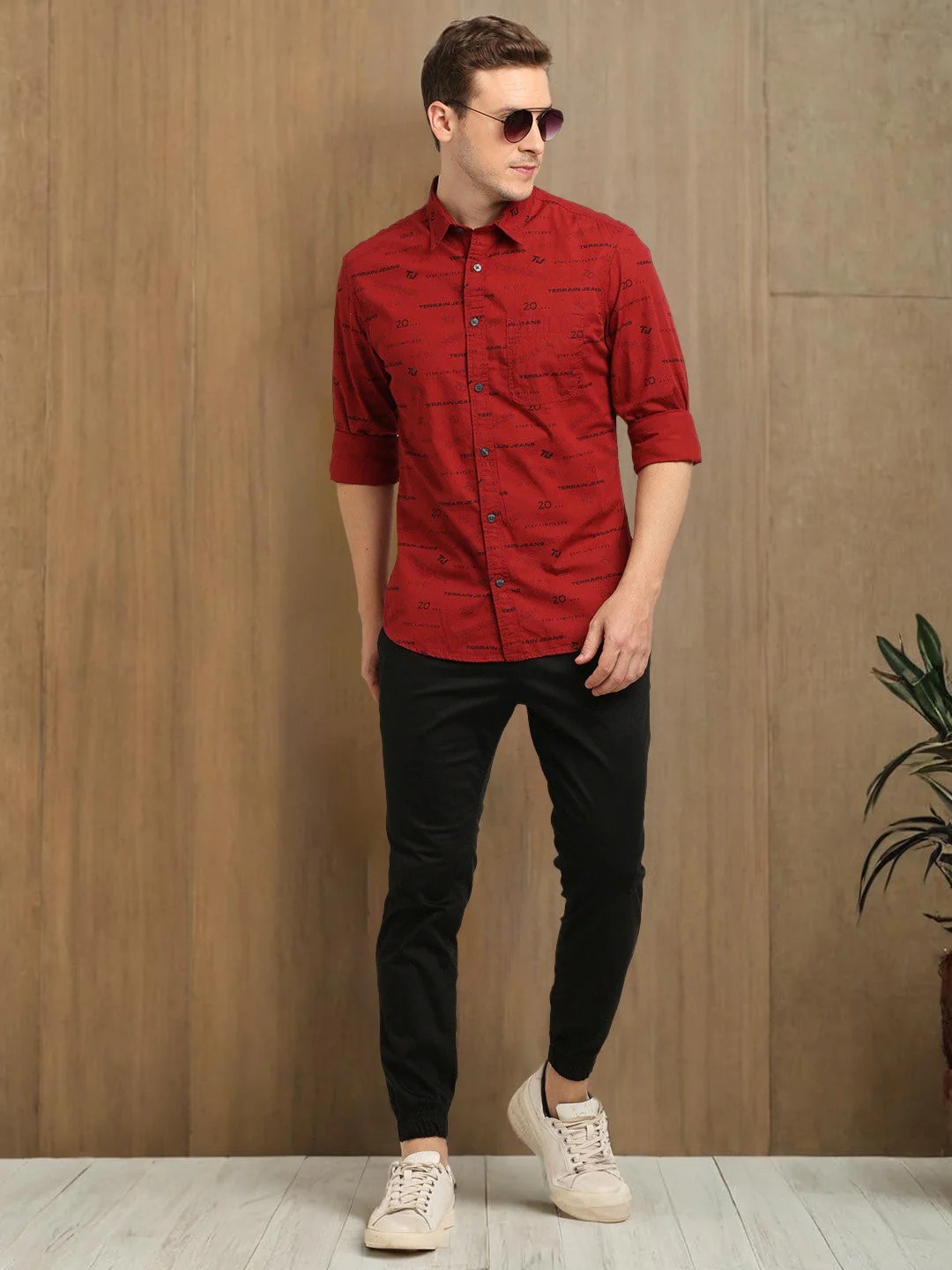 Indian Terrain Men's Slim Fit Full Sleeve Typography Maroon Shirt